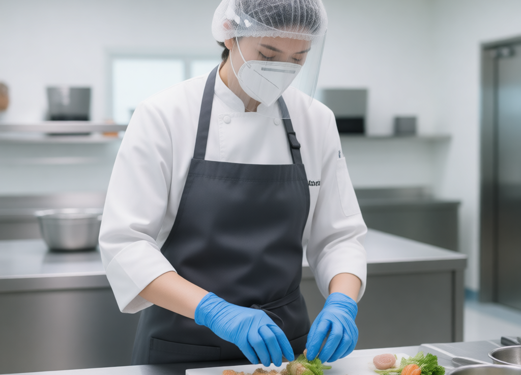 A close-up, clean, and brightly lit photograph showing a culinary professional wearing high-quality, professional Quality Kitchen PPE (disposable gloves, apron, hairnet) while preparing food on a stainless steel surface. The image should emphasize the barrier protection and the theme of Spotless Interior Environments and food safety