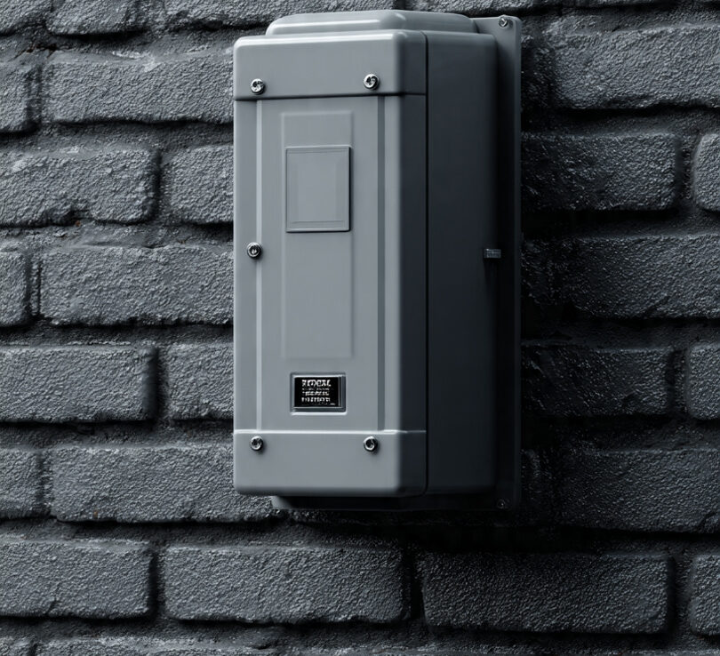 A high-quality, professional image showing a secured, tamper-resistant Modern Bait Station placed strategically along the perimeter wall of a commercial building (warehouse or hotel). The station should be discreet but clearly visible, illustrating the safe and controlled use of rodenticides for Pest control in Ghana. The image should convey security and professionalism.
